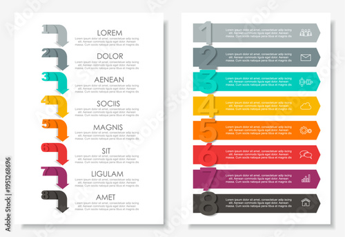 Dual infographic layouts with numbered steps, icons, and placeholder text for business, planning, or presentation purposes. Vector illustration.