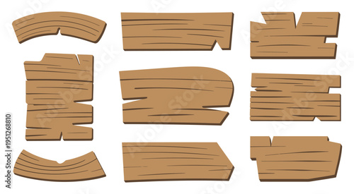 Realistic Wooden Plank and Signage Set Featuring High-Quality Wood Grain Textures Various Shapes Including Square Plates Curved Boards Rustic Decorative Vector Illustration Design Concept