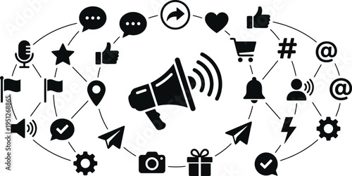 Social Media icon set. Online community, media, website, blog, content, business marketing and social network icons. Solid icon collection.
