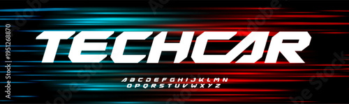 Modern Tech Racing Font With Speed Lines Effect On Red, Turquoise, Neon Light Background. Bold Sport Alphabet For Car, Motorsport, Game Logo, Poster, Technology Typographic Design. Vector typeset.
