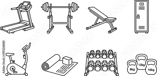 Gym equipment line drawing set. Fitness machines, weight bench sketch doodle style icon. Exercise equipment graphic art vector illustration
