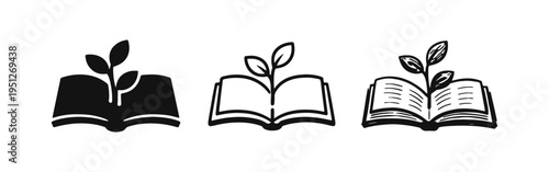 Sustainable Education Learning Icon Set. Open Book with Growing Plant Symbol for Knowledge and Growth.