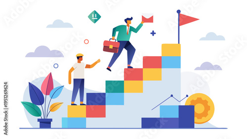 Career Growth and Business Success Concept Illustration with Professional Character Climbing Steps to Reach Goal Flag