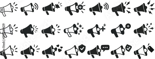 Modern megaphone icon set featuring outline and solid versions emitting sound for alerts and announcements
