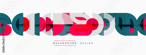 Abstract geometric shapes create modern background. Red, teal, white colors dominate design, offering sleek visual appeal.