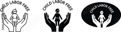 Child labor free logos with protective hands and slogan