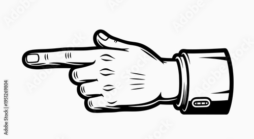Detailed Cartoon Hand in White Glove Pointing Right with Sleeve and Button, Isolated White Background.