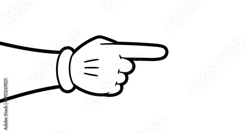 Playful Cartoon Hand in White Glove Pointing Finger Right, Isolated White Background.