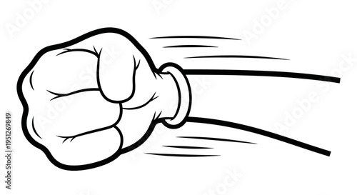 Cartoon style fist punching forward with speed lines, black and white illustration.