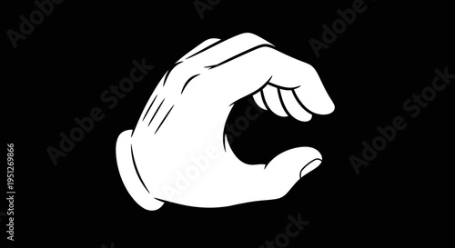 Cartoon Hand in White Glove Forming C-Shape Gesture, Cupped Grasping Motion in Bright Studio with Black Background.