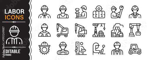 Labor worker and construction line icons set with editable stroke for industry and workforce design