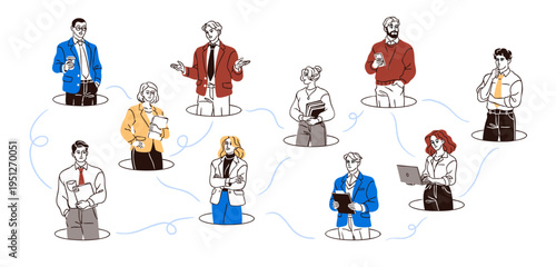 Business networks concept. Connects in work group, relationships of colleagues. Collaboration of people. Interaction of employees in team. Flat isolated vector illustration on white background