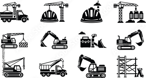 Collection of heavy machinery and construction equipment icons