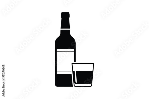 A black and white illustration of a liquor bottle and a shot glass on a plain background, symbolizing drinking and nightlife culture.