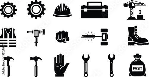 Collection of construction and industrial tools and equipment icons