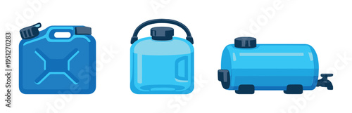 Three blue water containers and tanks arranged on dark background