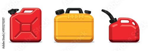 Three fuel containers and jerrycans arranged on gray background