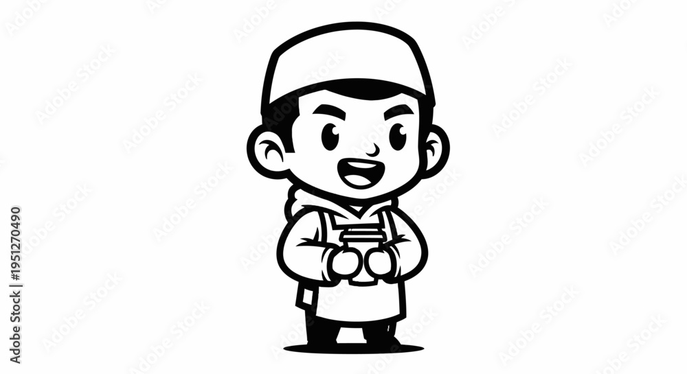 Fototapeta premium Muslim Boy Wearing Kufi Holding Coffee Cup Black and White Line Art