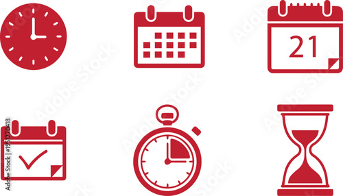 Red Icons Set: Clock, Calendar, Stopwatch, Hourglass for Time Management