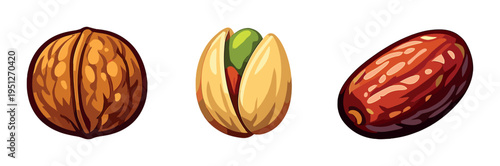 Walnut, open pistachio and date displayed on gray background