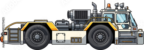 Airport pushback tractor towing a commercial airplane on the tarmac