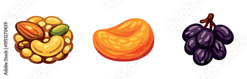 Mixed nut cluster, mandarin segment and grapes on gray background