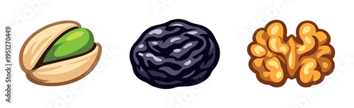 Open pistachio, prune and walnut kernel displayed on gray background