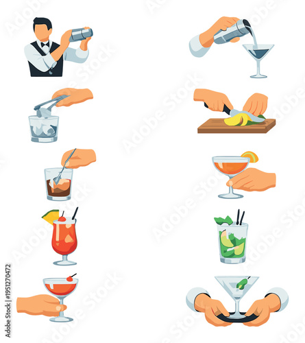 Bartender hands making and serving cocktails in icon grid