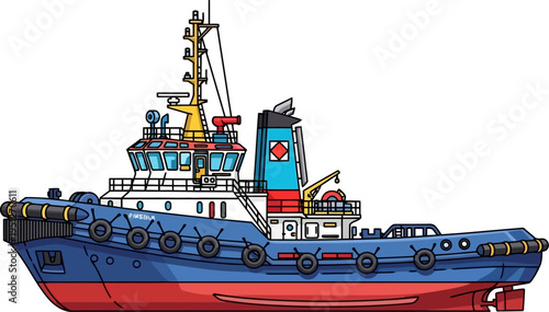 Blue harbor tugboat navigating through coastal waters