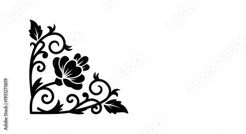 Black Floral Corner Design Element, Swirls and Flower Vector Art