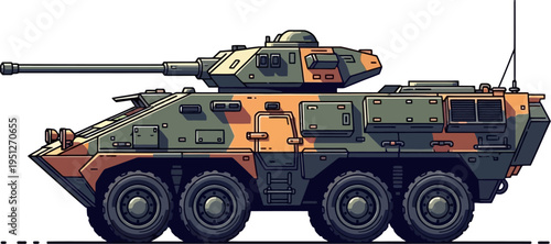 Camouflaged armored personnel carrier with rotating weapon turret