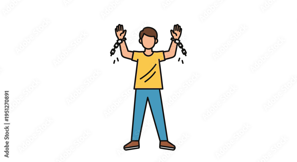 Fototapeta premium Vector illustration of a person breaking free from metal chains, symbolizing liberation, overcoming obstacles, achieving personal freedom, and escaping constraint with determination and strength