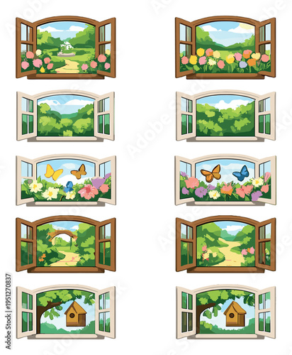Ten open windows displaying garden scenes and paths on wall