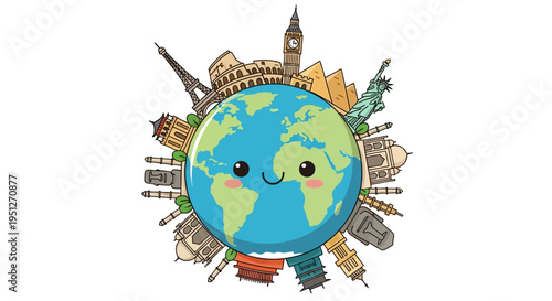 Adorable cartoon Earth character, cheerfully surrounded by iconic global landmarks and famous world monuments, representing international travel, adventure, and exploration
