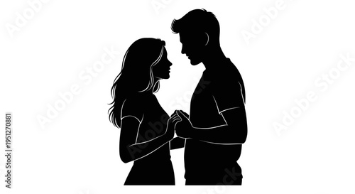 Silhouette of a loving couple holding hands and looking into each other's eyes, representing romance and connection