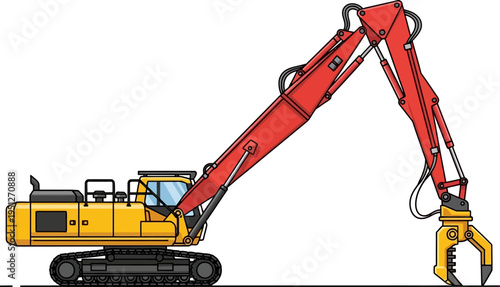 Demolition excavator with long reach arm dismantling a structure