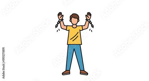Vector illustration of a person breaking free from metal chains, symbolizing liberation, overcoming obstacles, achieving personal freedom, and escaping constraint with determination and strength