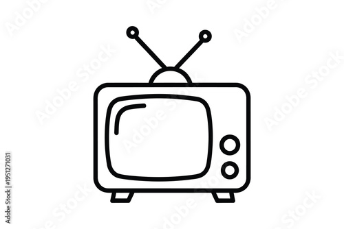 A black and white line drawing of a vintage television set with antennae on top, isolated on a plain white background, symbolizing old technology and media.