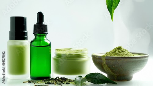 Green Tea Skincare Products and Ingredients Arranged Artistically on White Background