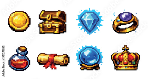 Treasure and magical items arranged on neutral background