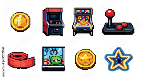 Arcade and gaming icons arranged on neutral gradient background