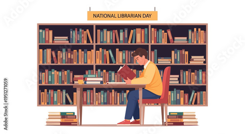Illustration of a young man reading a book at a table in front of a large bookshelf, celebrating National Librarian Day