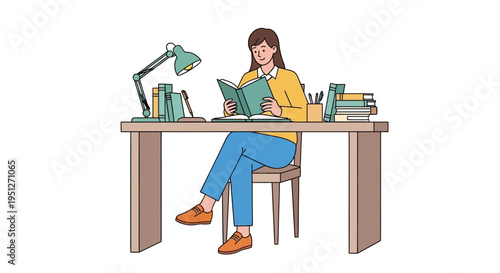 A smiling young woman is sitting at a desk with a lamp and books, engrossed in reading a book