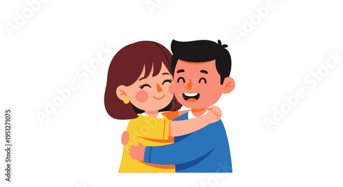 Joyful cartoon illustration capturing a happy couple sharing a warm, affectionate embrace, symbolizing support, love, and heartfelt connection
