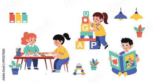 Children engaged in various educational and creative activities, including drawing, building blocks, and reading, fostering learning and development
