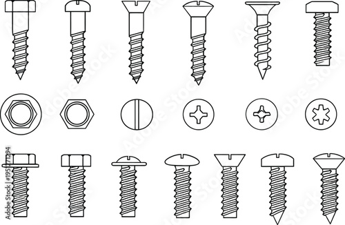 Black hardware screw and bolt icon pack showing industrial fastening tools
Screw bolt outline vector icon pack with nuts washers and hardware fastener symbols
