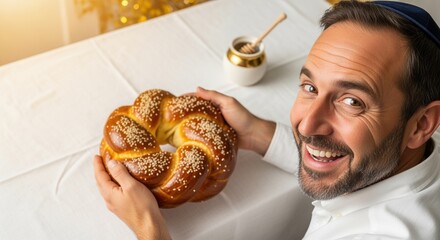 smiling man holding challah bread during hanukkah celebration at dining table