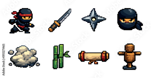 Ninja characters and weapons on gray gaming icon sheet