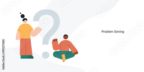 Flat style illustration of two diverse person standing and sitting discussing next to a large question mark, representing problem solving, critical thinking and solution concept.