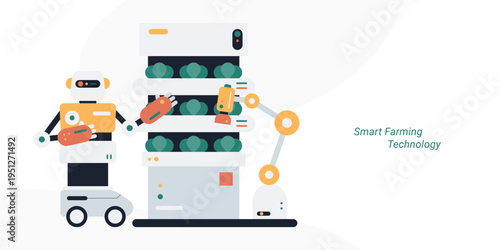 Flat style illustration of a robot and robotic arm harvesting vegetables on vertical farm shelves, representing smart farming technology, agricultural automation and innovation concept.